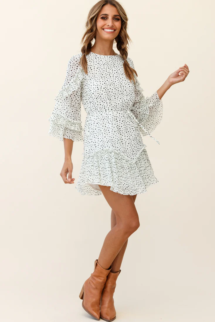 Yours Sincerely Three-Quarter Sleeve Accordion Pleat Dress Speckle Print White - Image 2