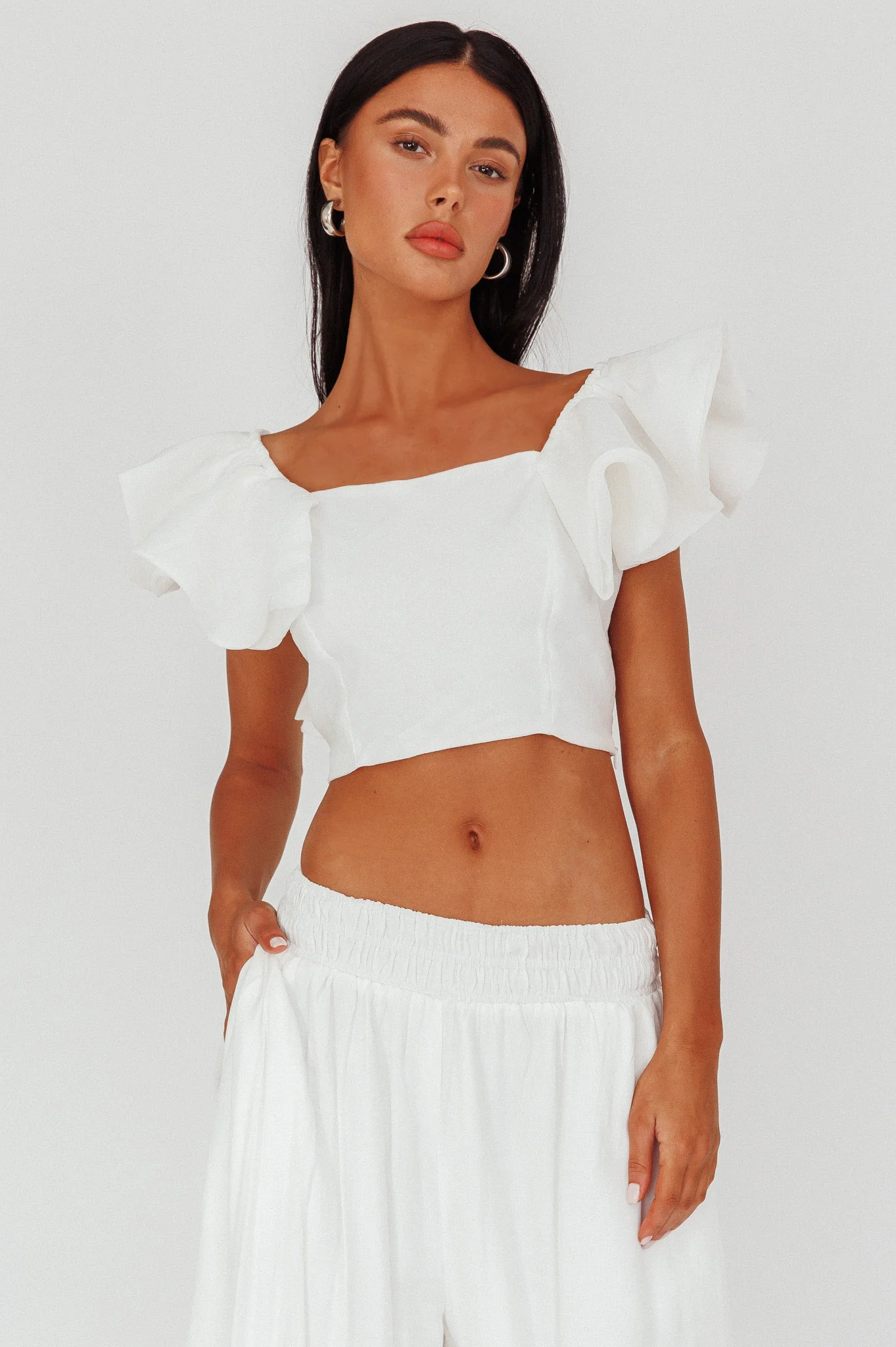 Zali Ruffle Sleeve Crop Top White - Image 4
