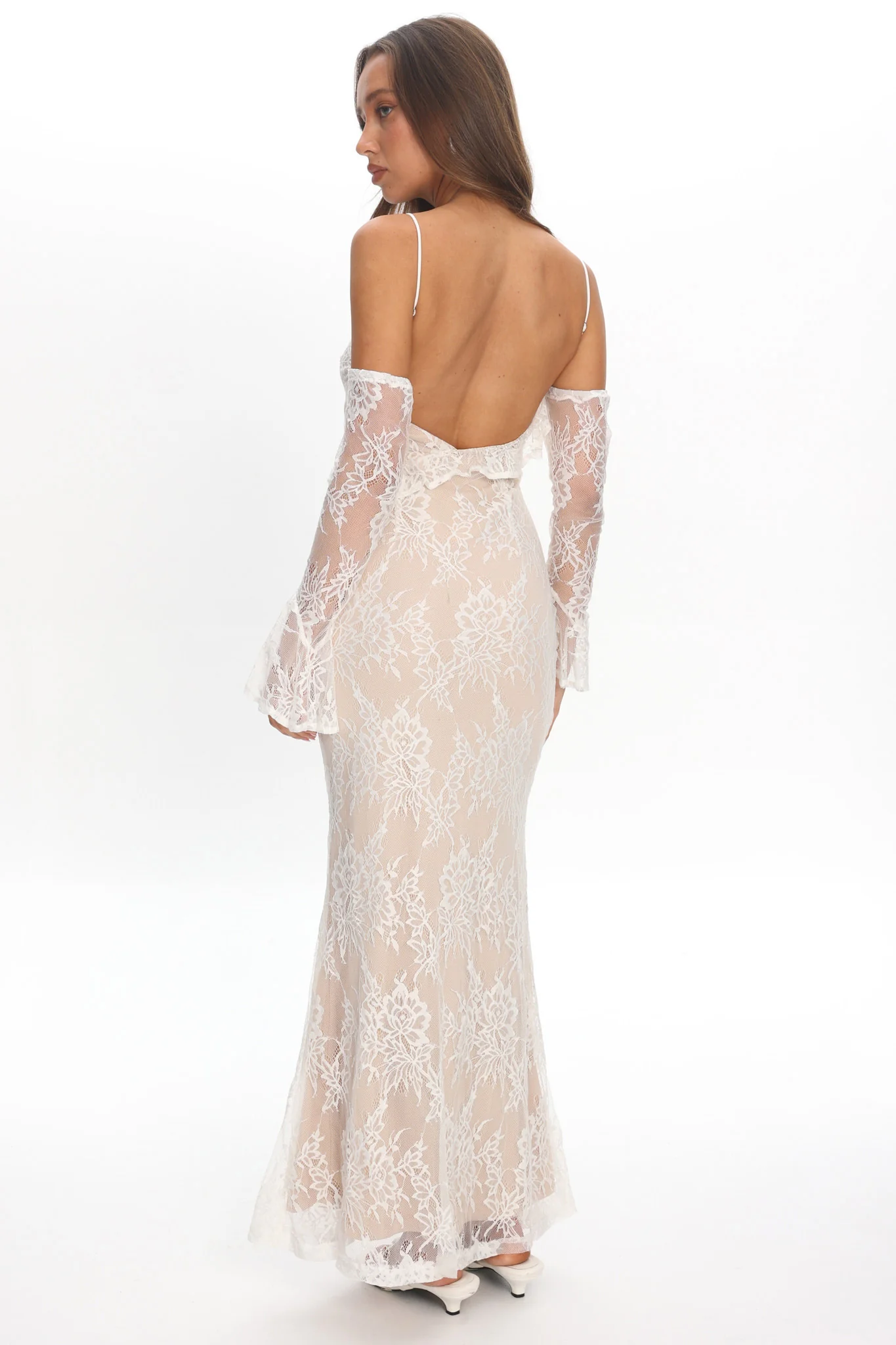 Zarah Off-Shoulder Sleeve Lace Maxi Dress White - Image 3