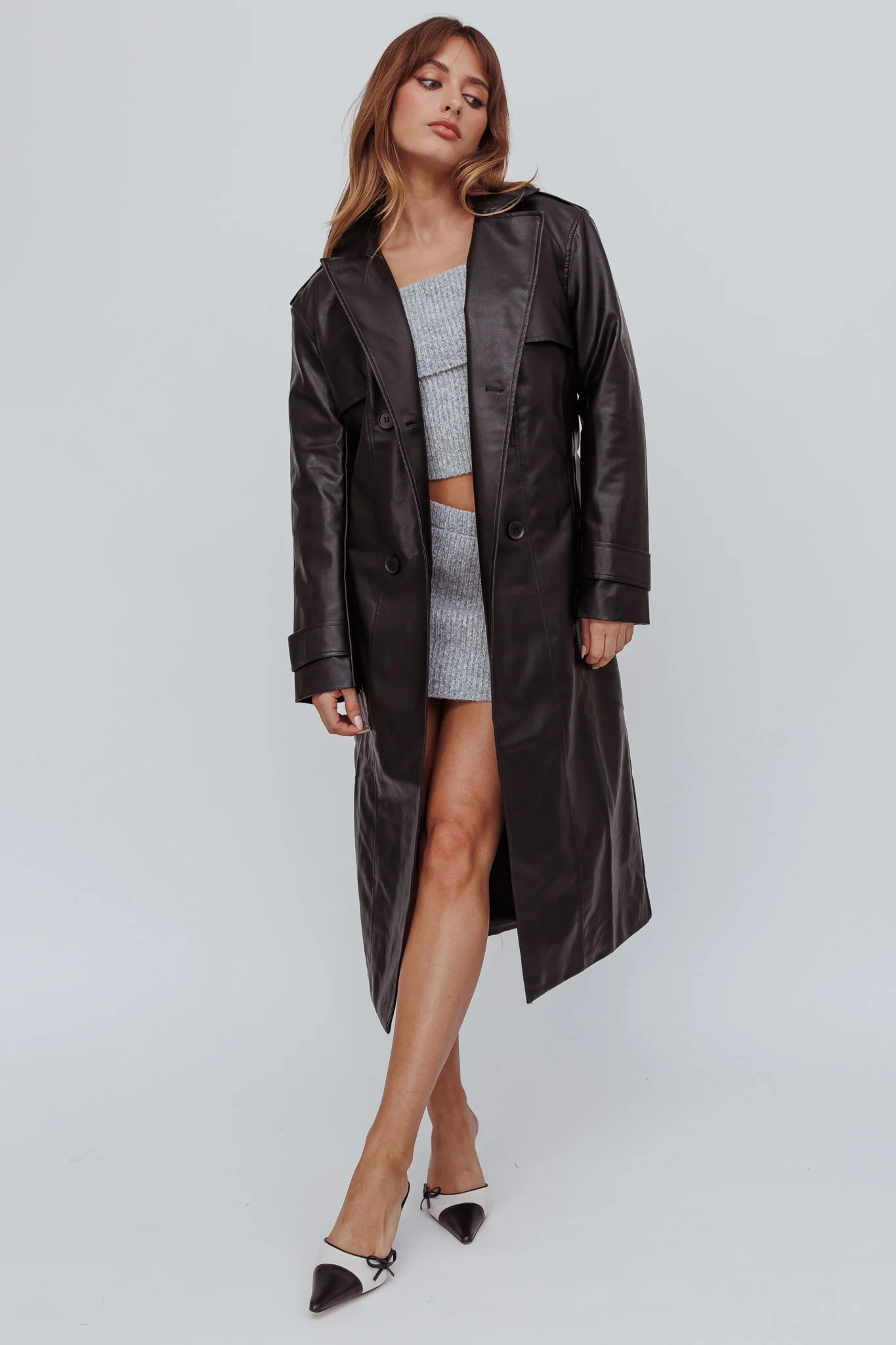 Zen Faux Leather Trench Coat Black - Image 4