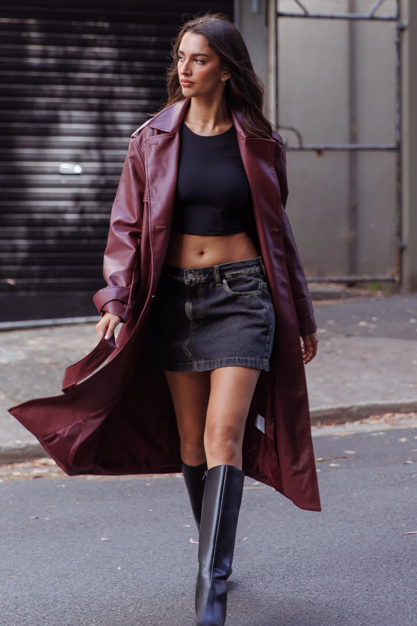 Zen Faux Leather Trench Coat Burgundy - Image 2