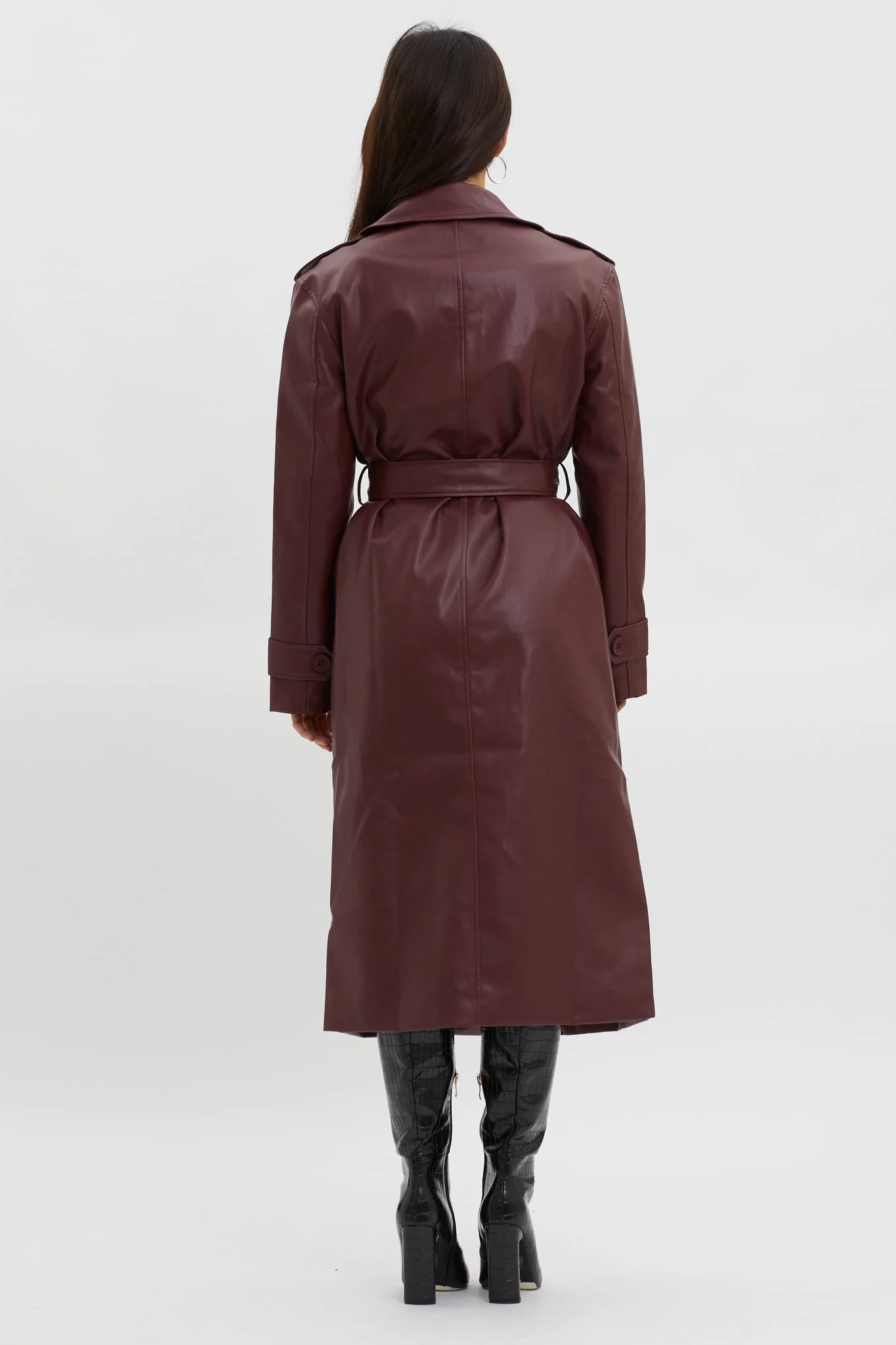 Zen Faux Leather Trench Coat Burgundy - Image 3