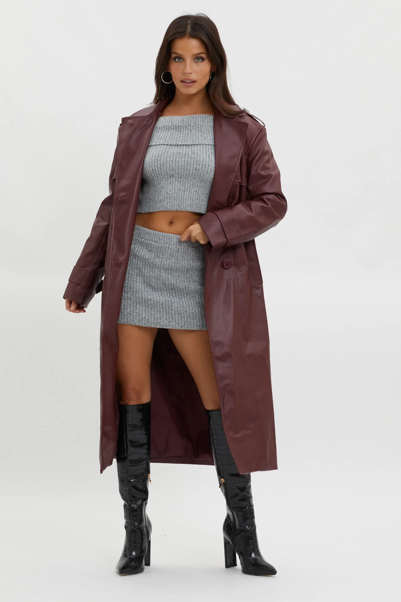 Zen Faux Leather Trench Coat Burgundy - Image 4