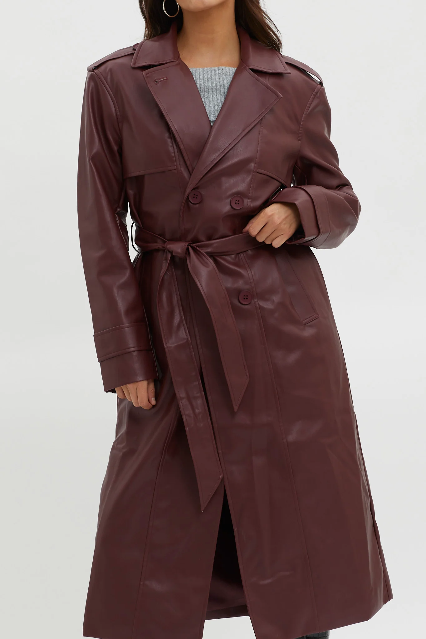 Zen Faux Leather Trench Coat Burgundy - Image 5