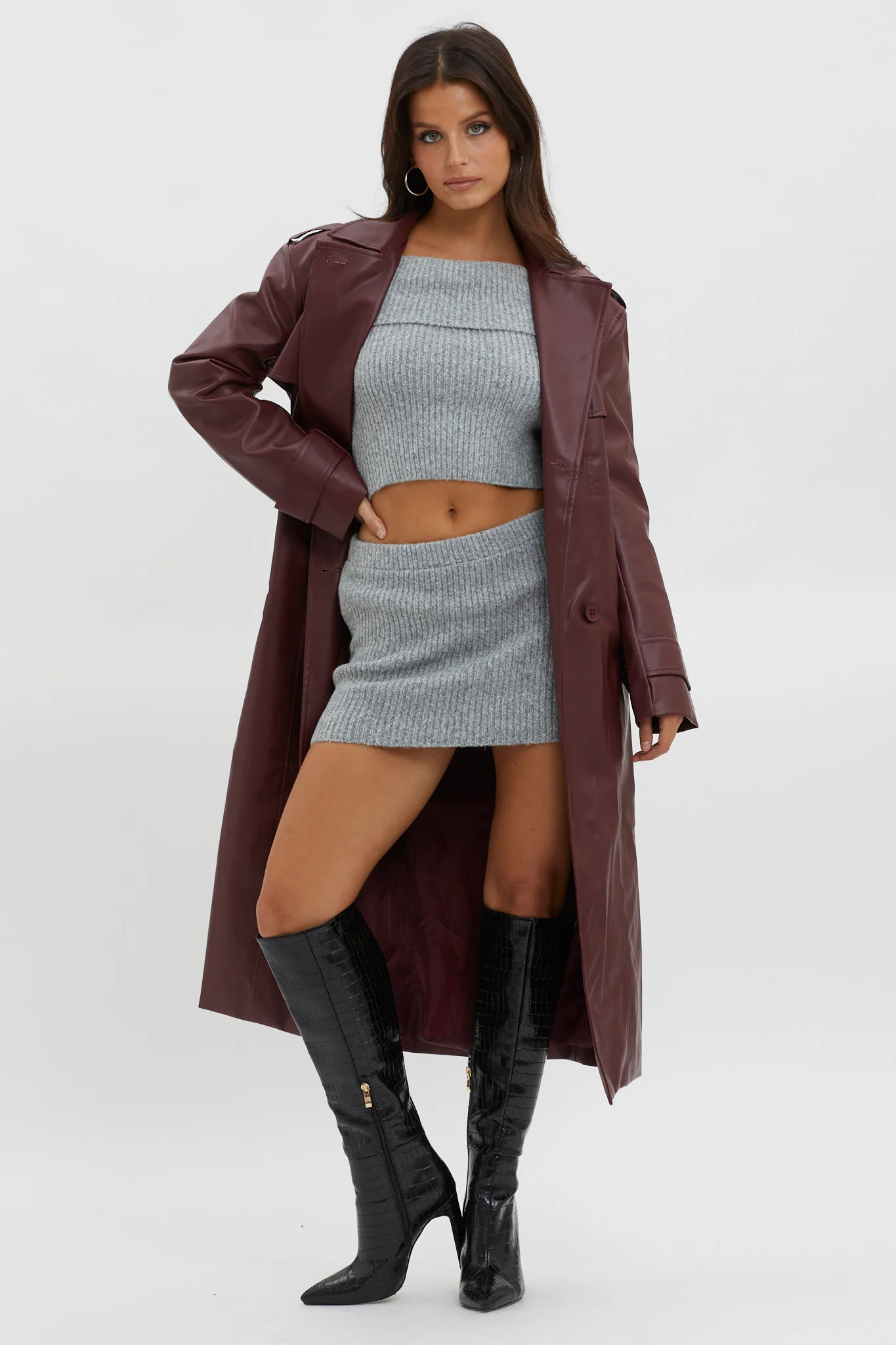 Zen Faux Leather Trench Coat Burgundy - Image 6