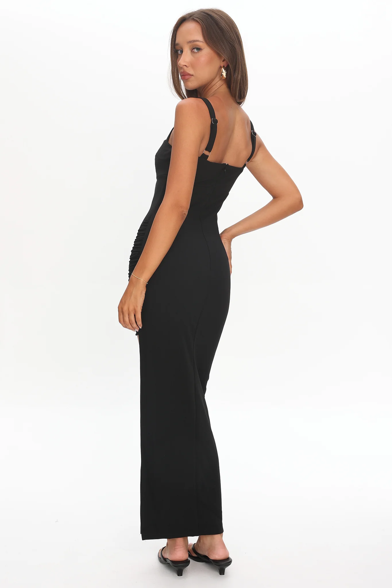 Zenya Split Ruched Midi Dress Black - Image 3