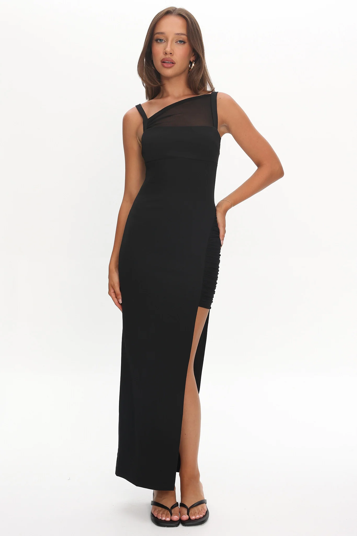 Zenya Split Ruched Midi Dress Black - Image 5