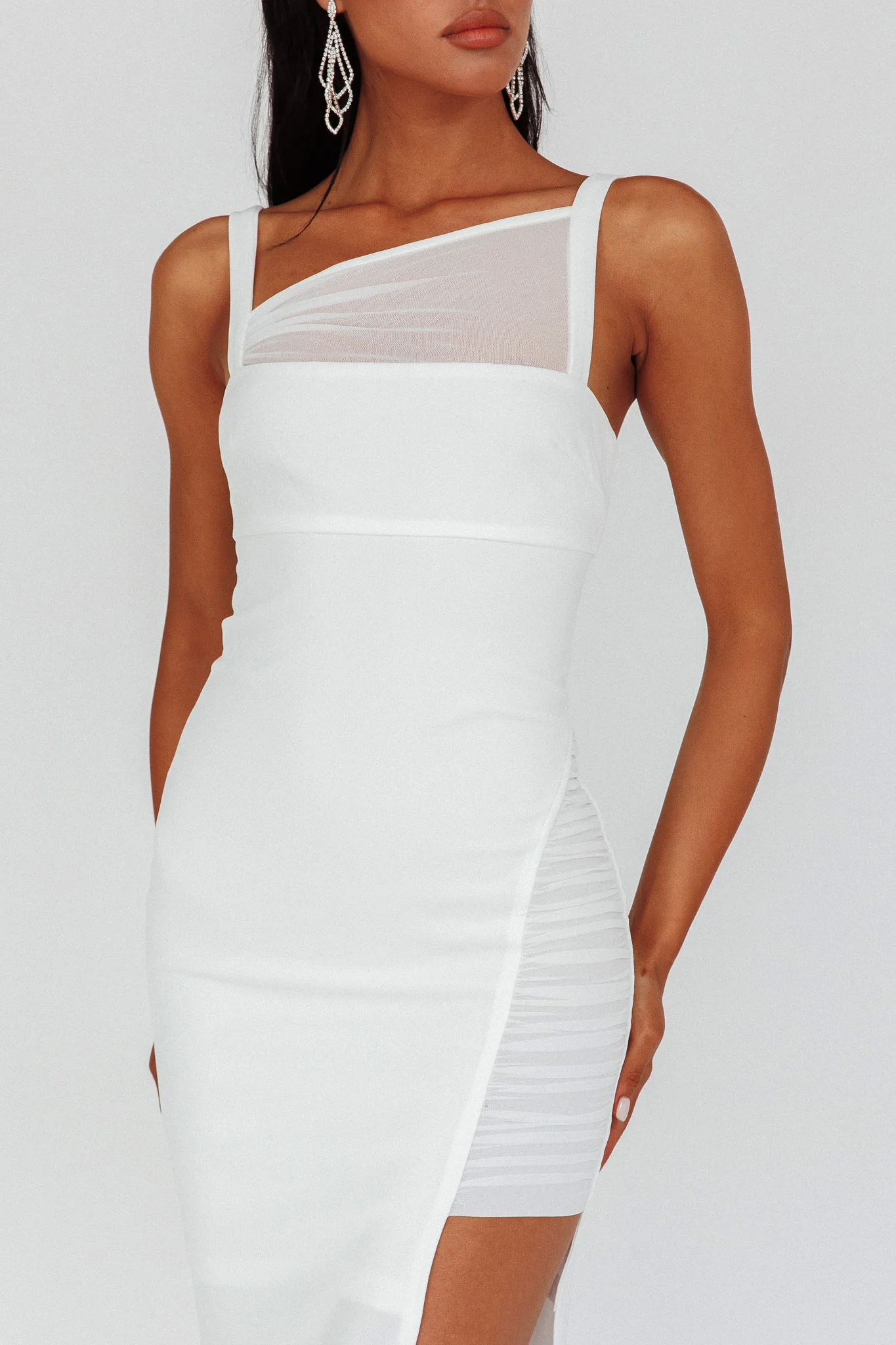 Zenya Split Ruched Midi Dress White - Image 4