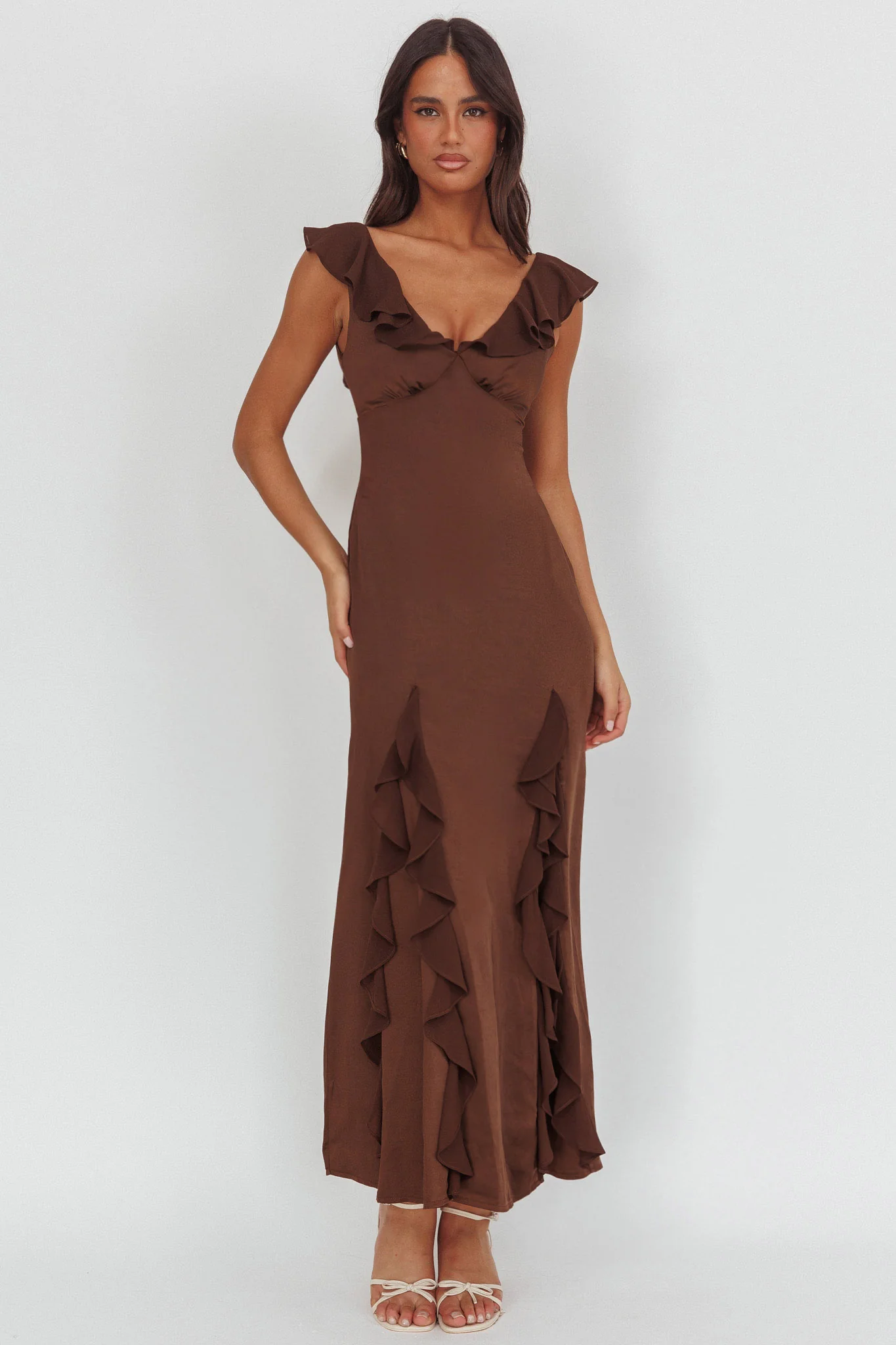 Zerai Ruffle Trimmed Maxi Dress Chocolate - Image 4