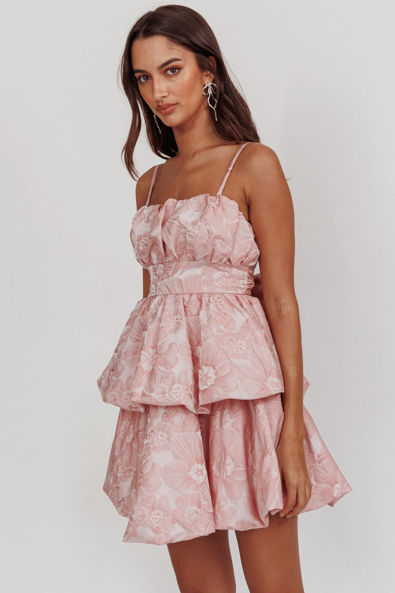 Zilara Bubble Hem Bow Dress Jacquard Pink - Image 4