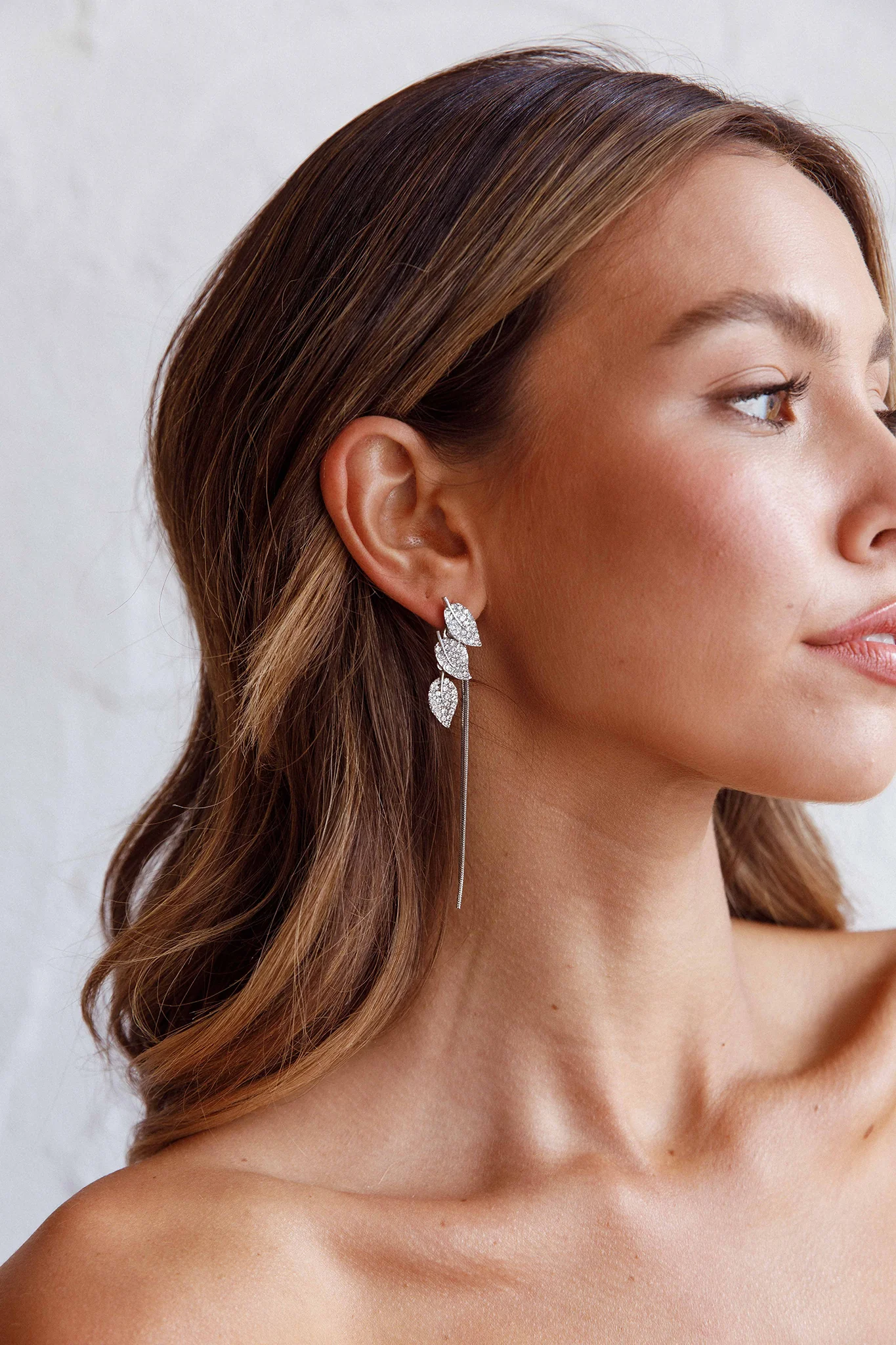 Zircon Leaves Tassel Drop Earrings Silver - Image 2