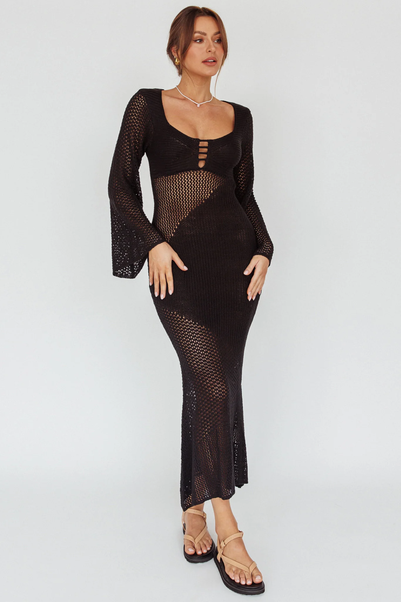 Zizi Long Sleeve Crochet Maxi Dress Black - Image 5