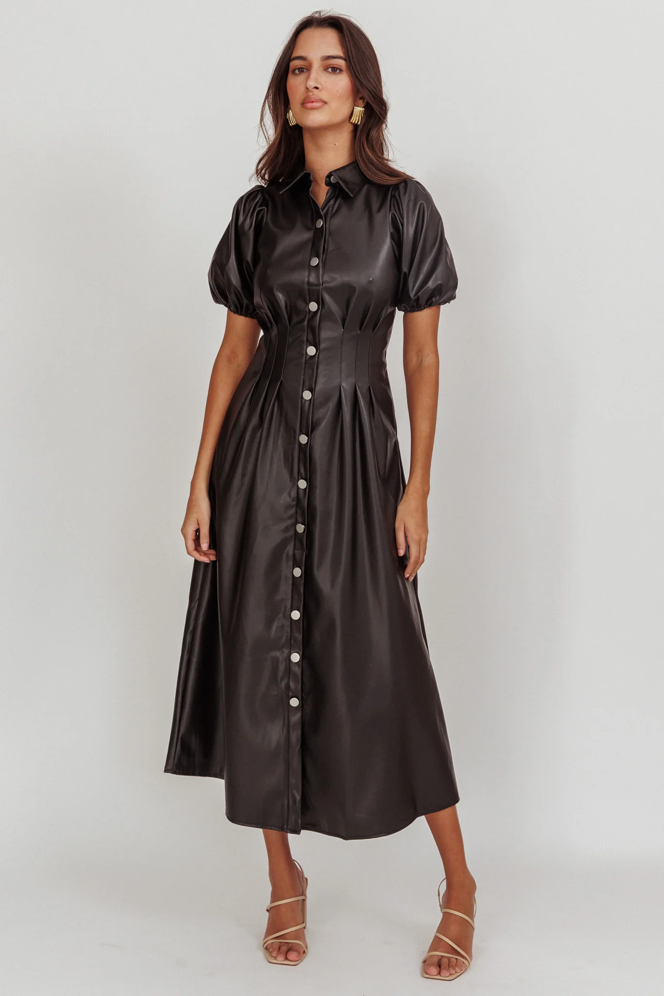Zurich A-line Puff Sleeve Midi Dress Black - Image 3