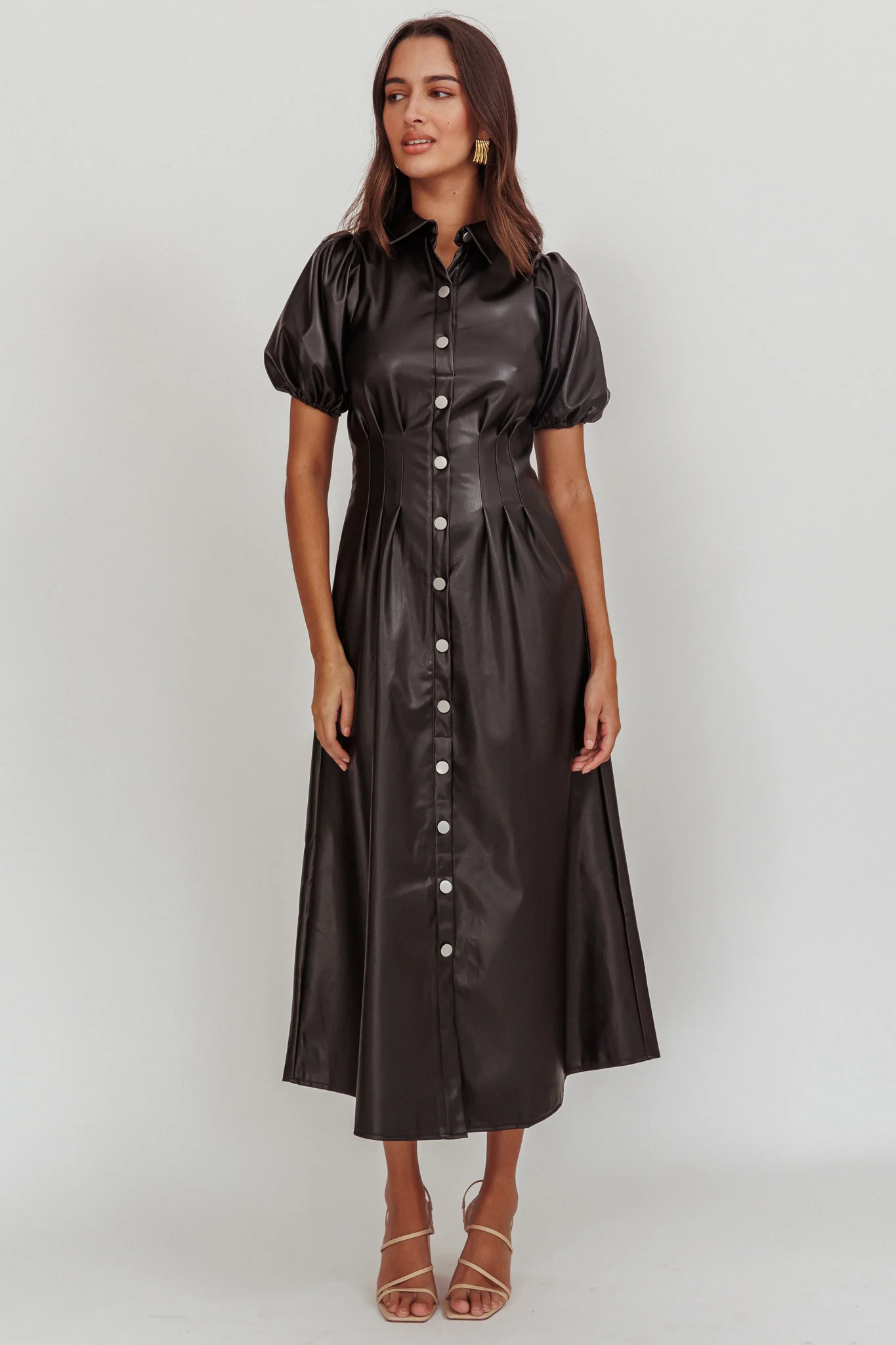 Zurich A-line Puff Sleeve Midi Dress Black - Image 5