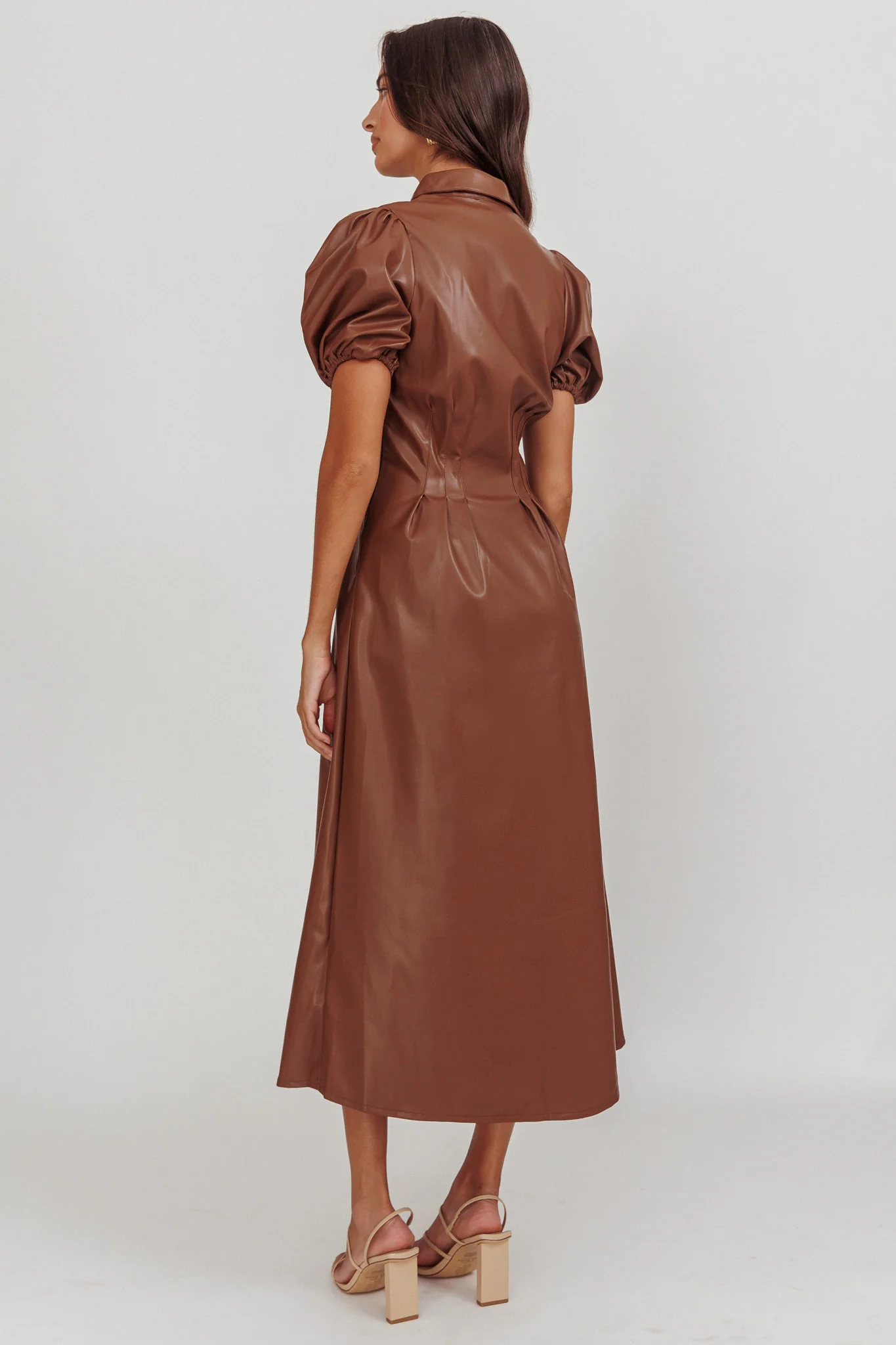 Zurich A-line Puff Sleeve Midi Dress Chocolate - Image 2