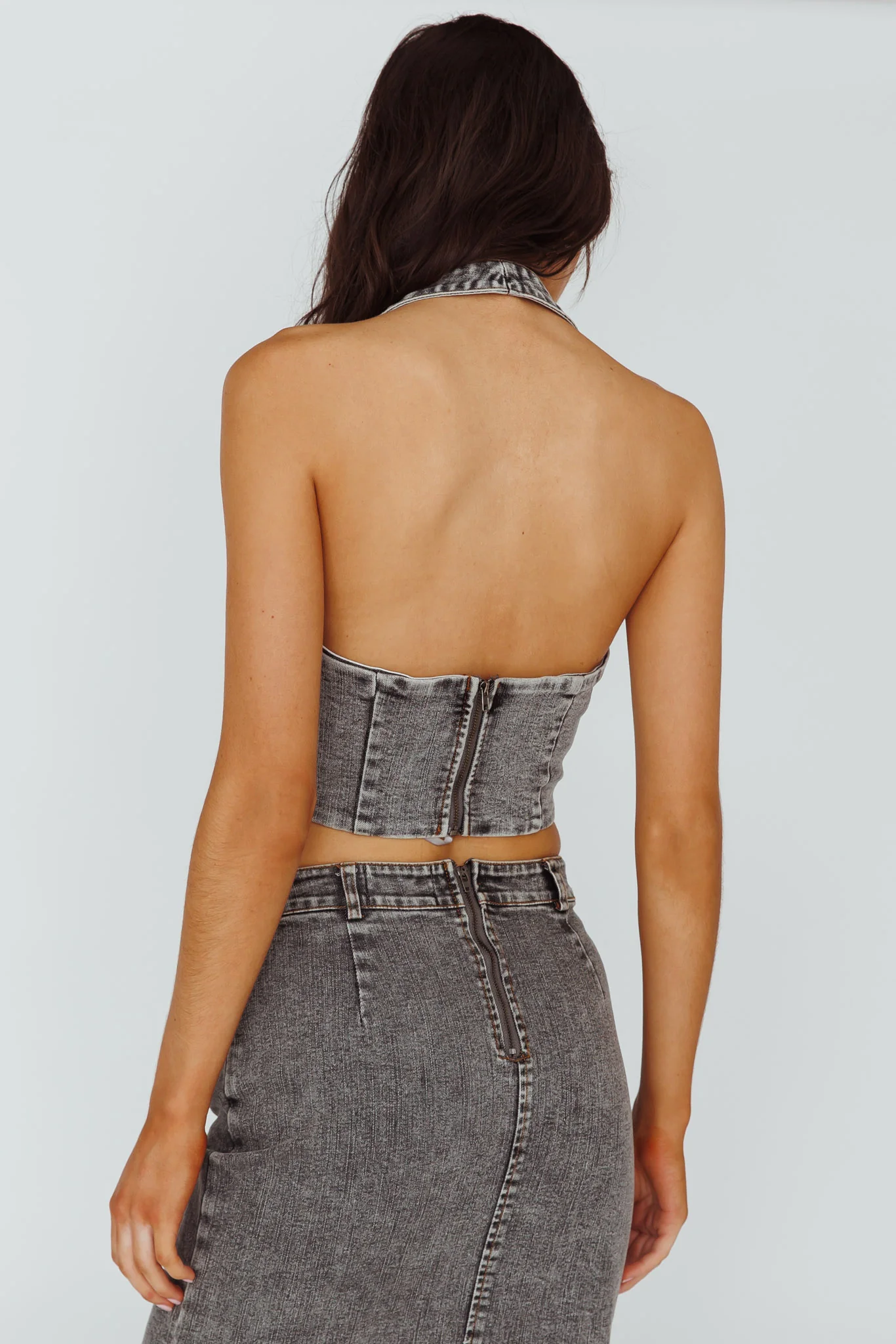 Zurich Halter Crop Top Denim Grey - Image 2