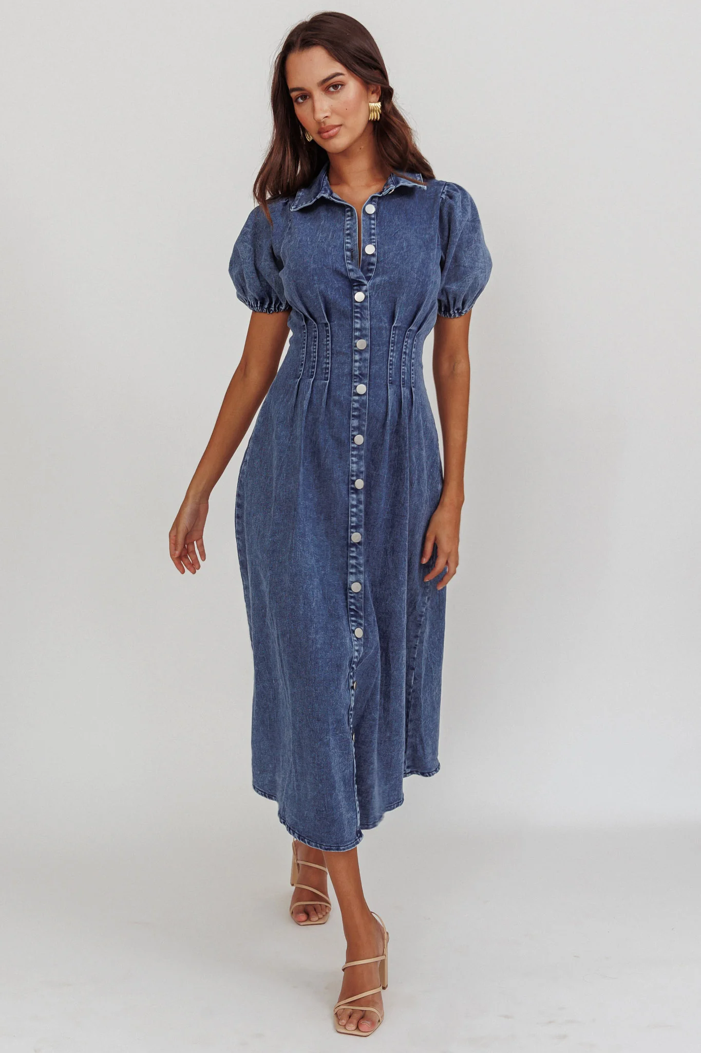 Zurich Pleated Waist Midi Dress Denim Dark Blue - Image 3