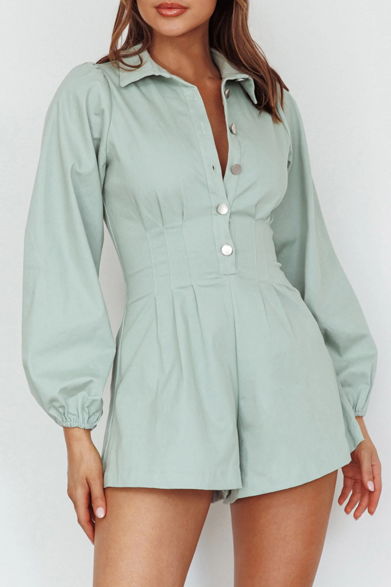 Zurich Pleated Waist Romper Sage - Image 4