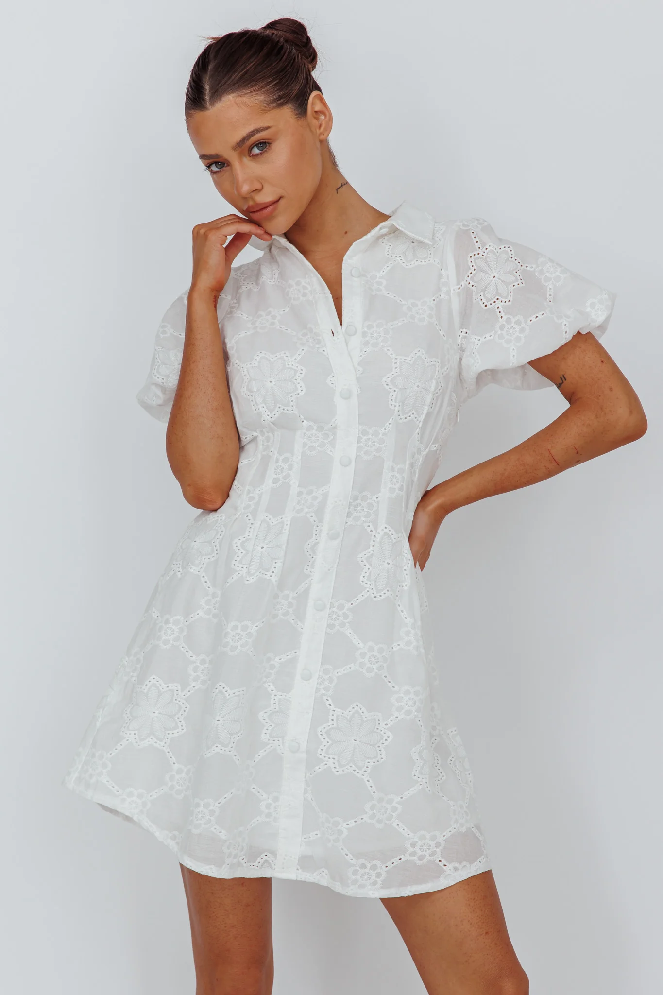 Zurich Pleated Waist Shirt Dress Eyelet White - Image 3
