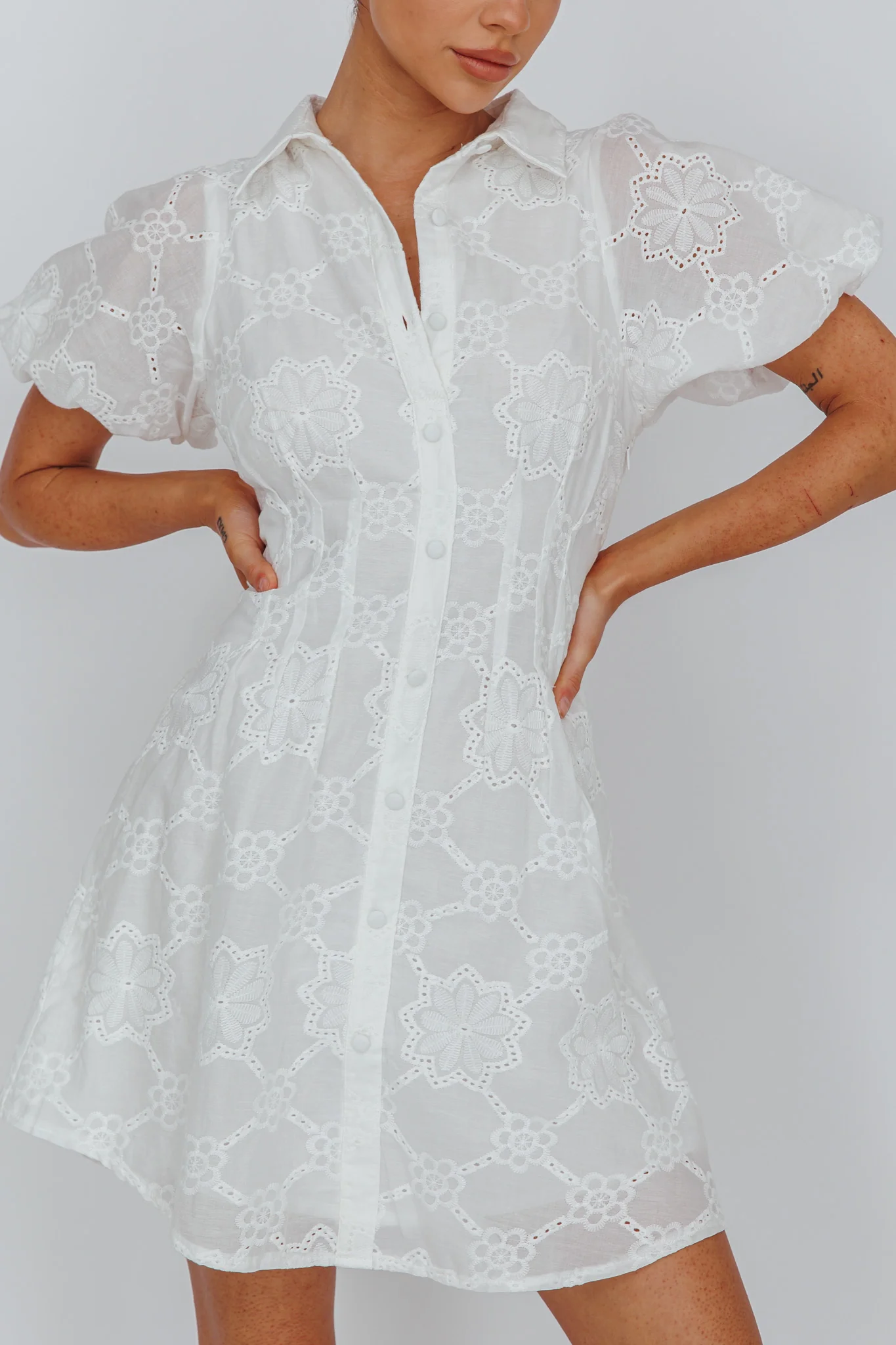 Zurich Pleated Waist Shirt Dress Eyelet White - Image 4