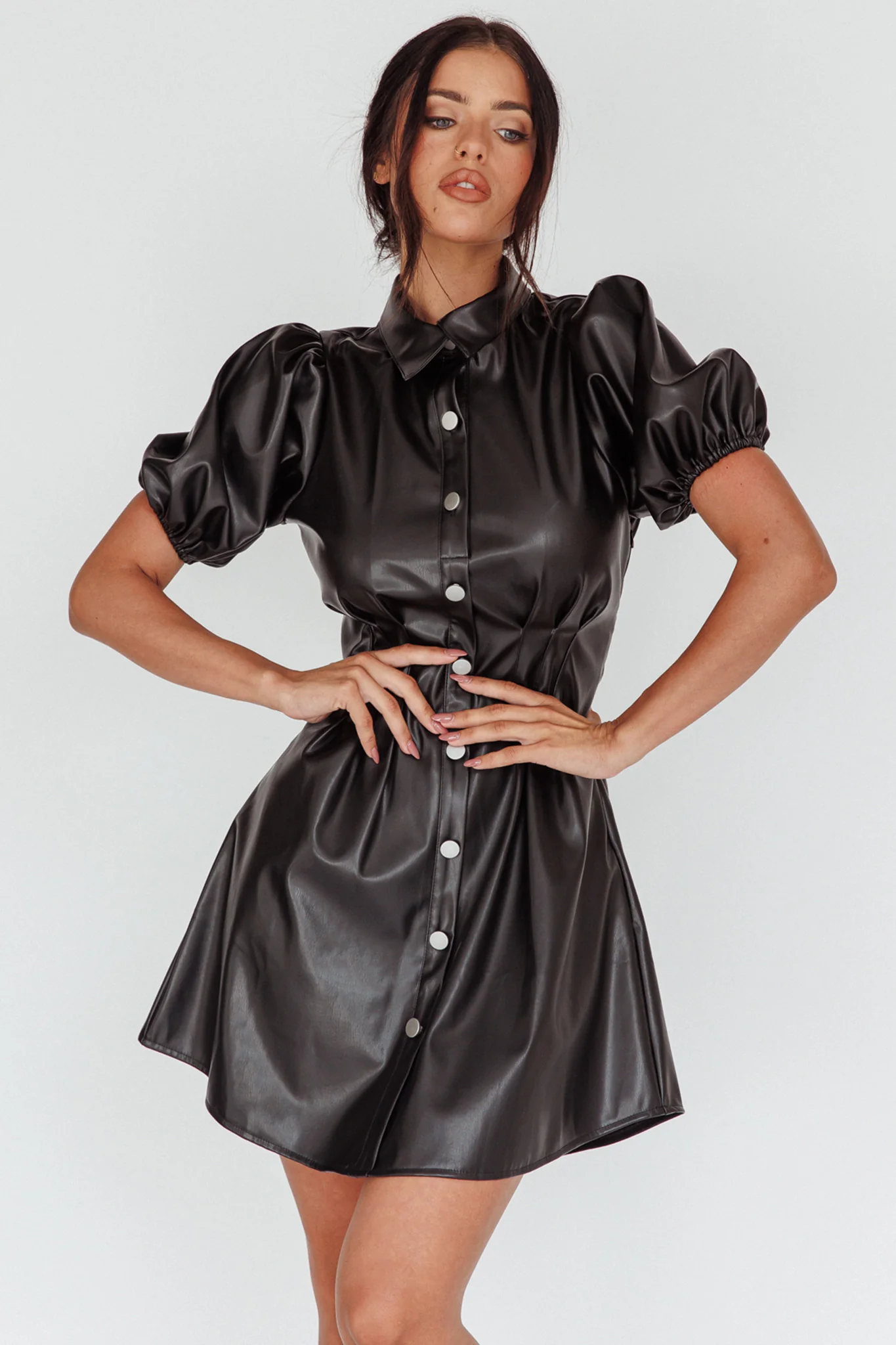 Zurich Pleated Waist Shirt Dress Faux Leather Black - Image 5