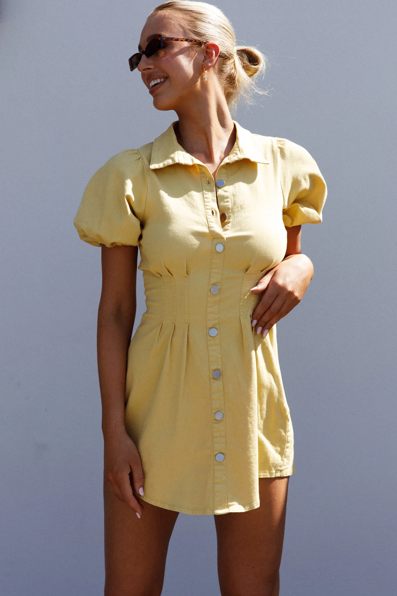 Zurich Pleated Waist Shirt Dress Light Yellow - Image 4